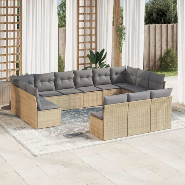 Set sofás de jardín con cojines 13 pzas ratán sintético beige D