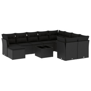11 pcs conjunto sofás de jardim c/ almofadões vime PE preto H