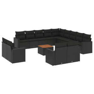 14 pcs conjunto de sofás p/ jardim c/ almofadões vime PE preto H
