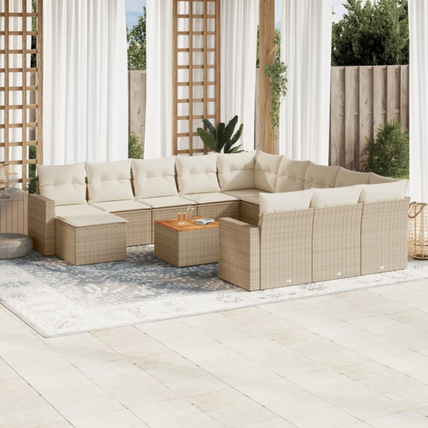 Set sofás de jardín con cojines 13 pzas ratán sintético beige D