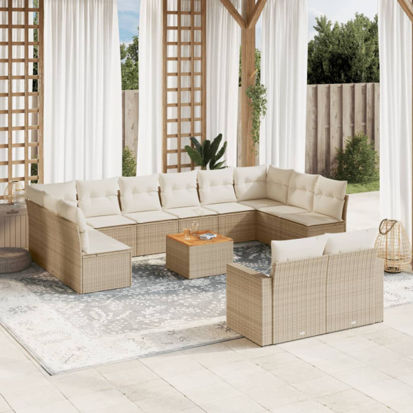 Set sofás de jardín con cojines 13 pzas ratán sintético beige D