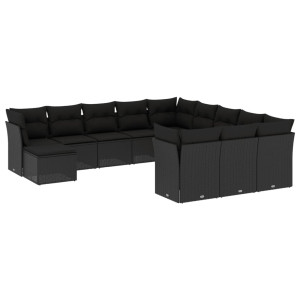 12 pcs conjunto de sofás de jardim c/ almofadões vime PE preto H