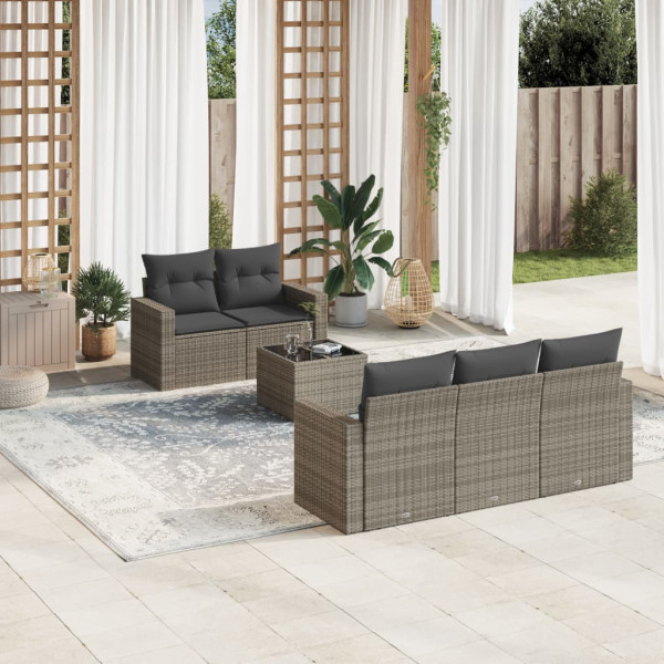 6 pcs conjunto sofás de jardim com almofadões vime cinzento D