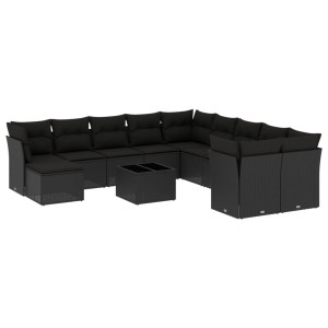 12 pcs conjunto de sofás de jardim c/ almofadões vime PE preto H