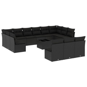 14 pcs conjunto de sofás p/ jardim c/ almofadões vime PE preto H