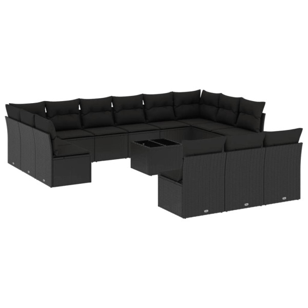 14 pcs conjunto de sofás p/ jardim c/ almofadões vime PE preto M 2