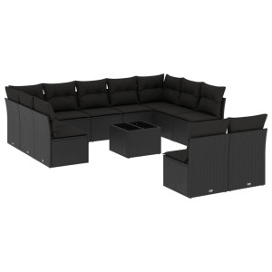 12 pcs conjunto de sofás de jardim c/ almofadões vime PE preto H