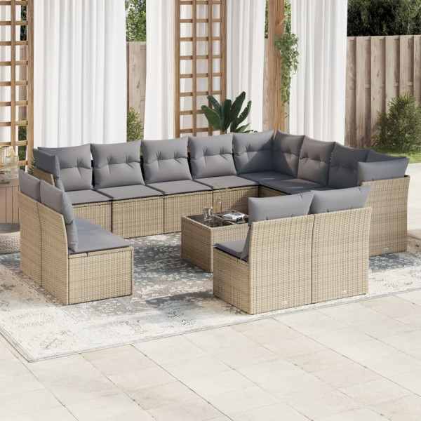 Set sofás de jardín con cojines 13 pzas ratán sintético beige D