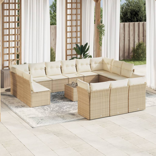 Set sofás de jardín 14 pzas con cojines ratán sintético beige D