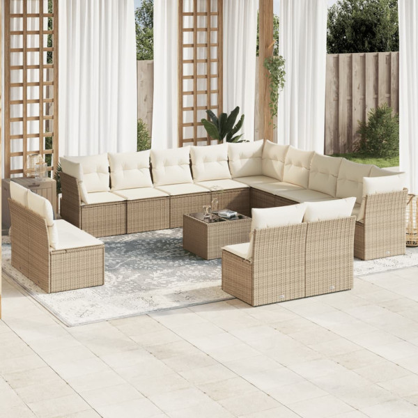 Set sofás de jardín 14 pzas con cojines ratán sintético beige D