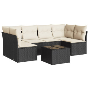 7 pcs conjunto de sofás p/ jardim c/ almofadões vime PE preto H