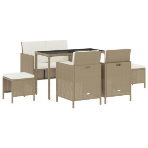 6 pcs conjunto de jantar p/ jardim com almofadões vime PE bege H
