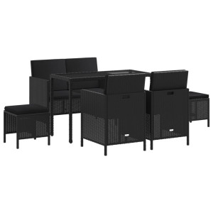 6 pcs conjunto de jantar p/ jardim c/ almofadões vime PE preto H