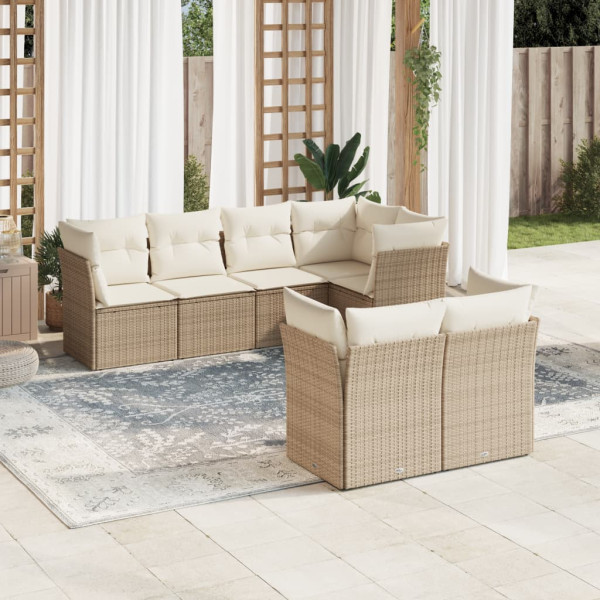 Set sofás de jardín 7 piezas y cojines ratán sintético beige D
