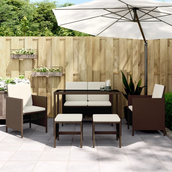 6 pcs conjunto jantar p/ jardim c/ almofadões vime PE castanho D