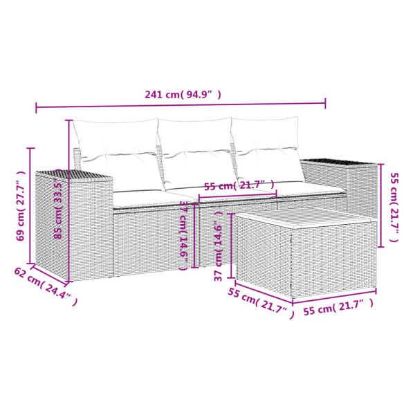 4 pcs conjunto de sofás para jardim c/ almofadões vime PE bege M 3