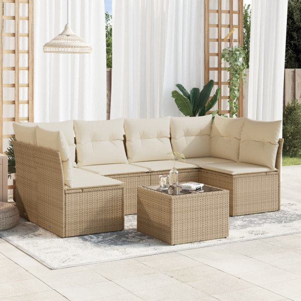 Set sofás de jardín 7 piezas y cojines ratán sintético beige D