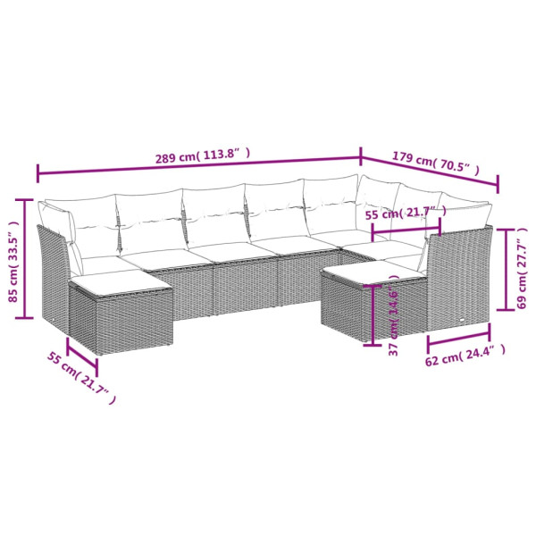Set de muebles de jardín 9 pzas y cojines ratán sintético gris M 3