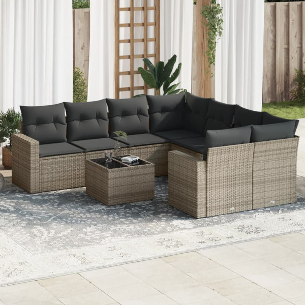 Set de muebles de jardín 9 pzas y cojines ratán sintético gris D
