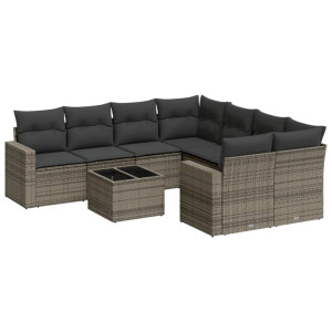 9 pcs conjunto sofás p/ jardim com almofadões vime PE cinzento H