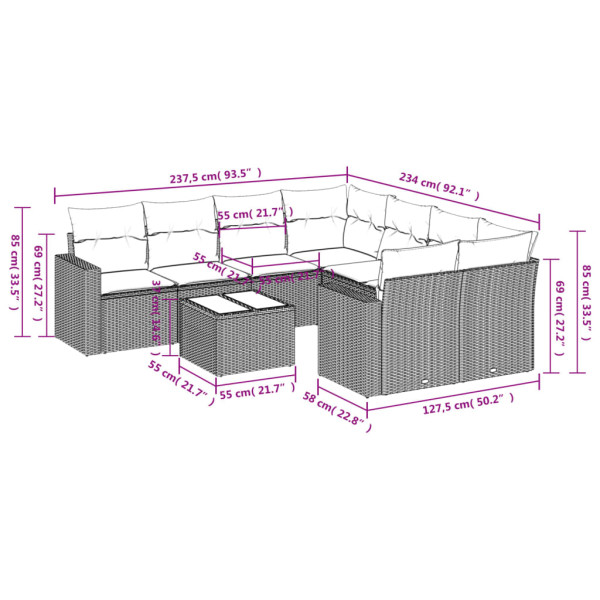 9 pcs conjunto sofás p/ jardim com almofadões vime PE cinzento M 3