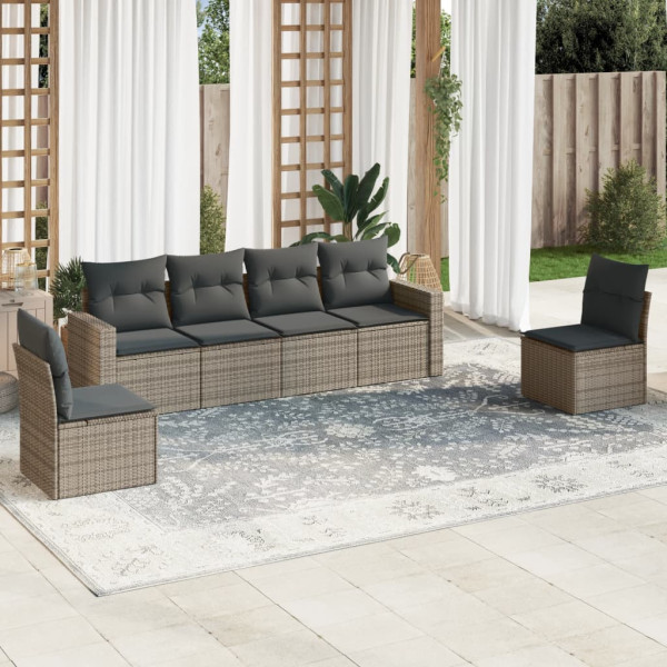 6 pcs conjunto sofás de jardim com almofadões vime cinzento D