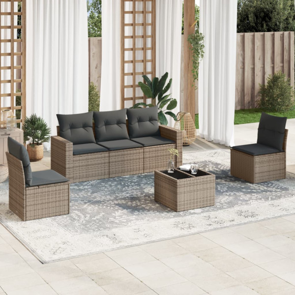 6 pcs conjunto sofás de jardim com almofadões vime cinzento D