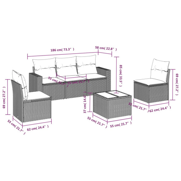 6 pcs conjunto sofás de jardim com almofadões vime cinzento M 3