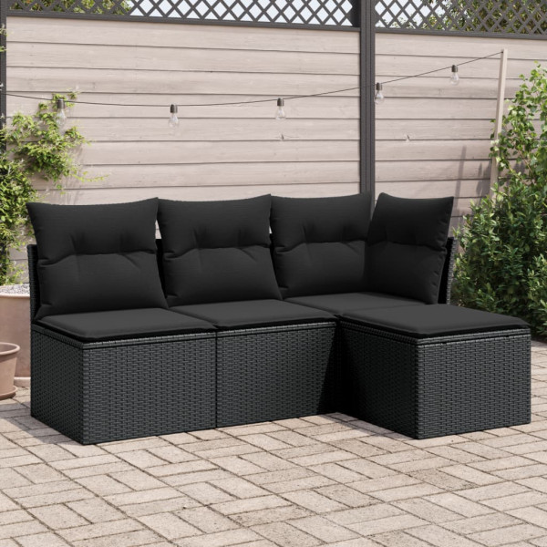 4 pcs conjunto de sofás para jardim c/ almofadões vime PE preto D