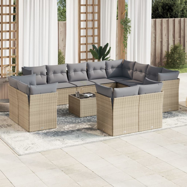 Set sofás de jardín con cojines 13 pzas ratán sintético beige D