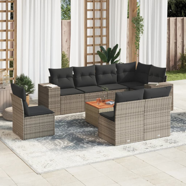 9 pcs conjunto sofás p/ jardim com almofadões vime PE cinzento D