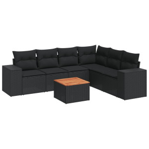 7 pcs conjunto de sofás p/ jardim c/ almofadões vime PE preto H