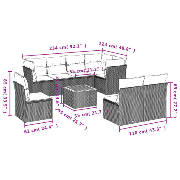 Set de muebles de jardín 9 pzas y cojines ratán sintético gris M 3