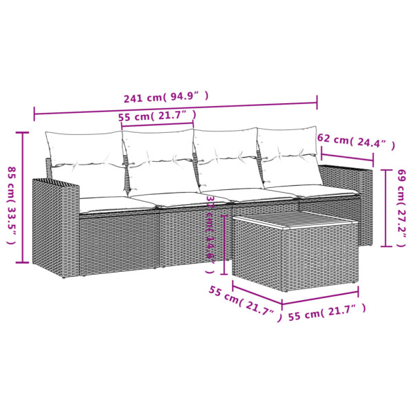Set de muebles de jardín 5 pzas y cojines ratán sintético negro M 3