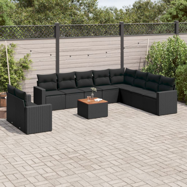 11 pcs conjunto sofás de jardim c/ almofadões vime PE preto D