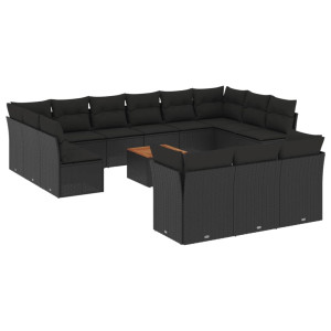 14 pcs conjunto de sofás p/ jardim c/ almofadões vime PE preto H