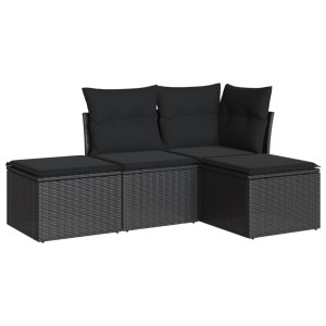 4 pcs conjunto de sofás para jardim c/ almofadões vime PE preto H
