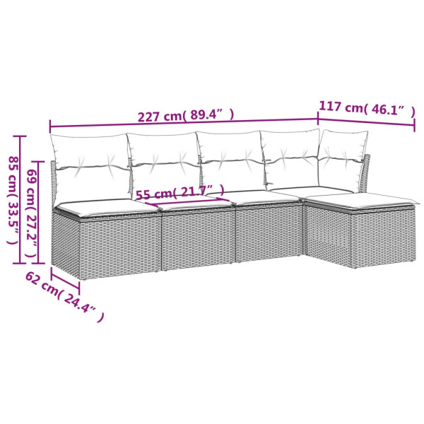 Set de muebles de jardín 5 pzas y cojines ratán sintético negro M 3