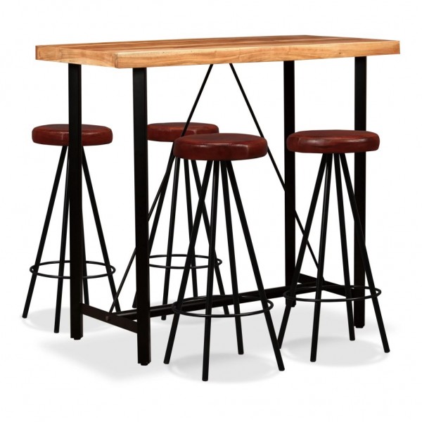 Set muebles de bar 5 pzas madera maciza acacia cuero genuino D