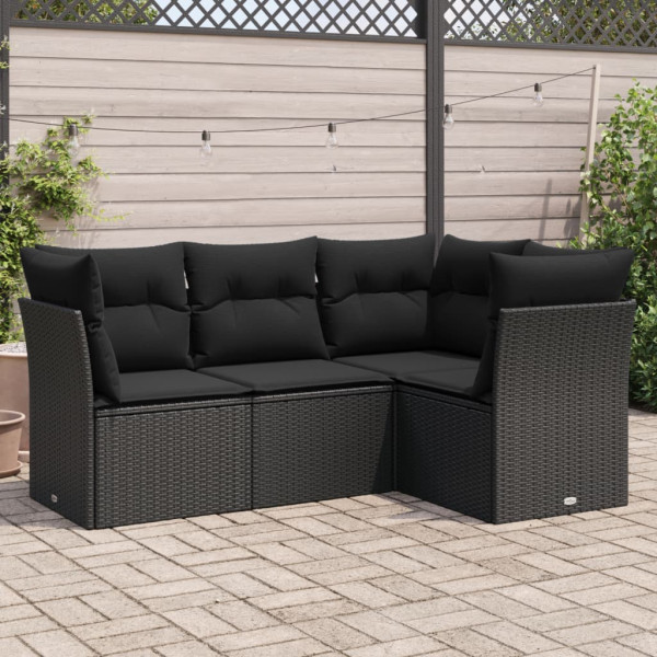 4 pcs conjunto de sofás para jardim c/ almofadões vime PE preto D