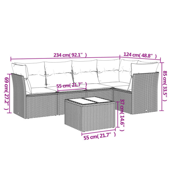 6 pcs conjunto sofás de jardim com almofadões vime cinzento M 3