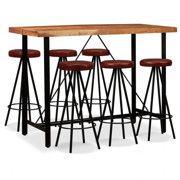 Set muebles de bar 7 pzas madera maciza acacia y cuero genuino D