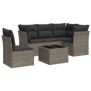 6 pcs conjunto sofás de jardim com almofadões vime cinzento H