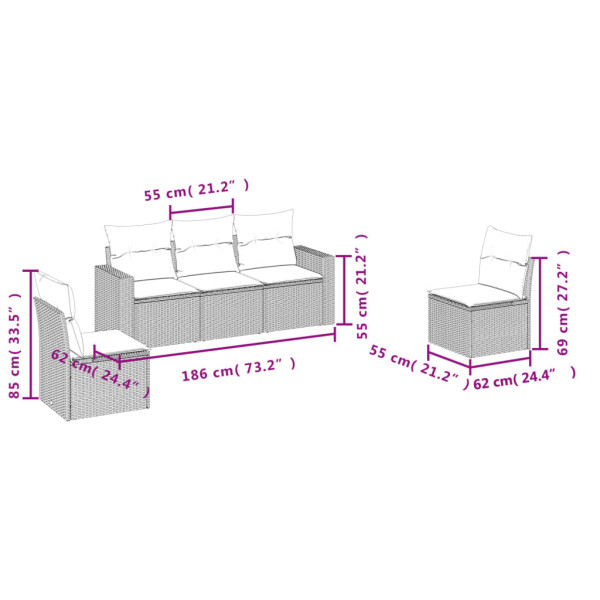 Set de muebles de jardín 5 pzas y cojines ratán sintético negro M 3