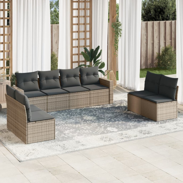Set de muebles de jardín 9 pzas y cojines ratán sintético gris D