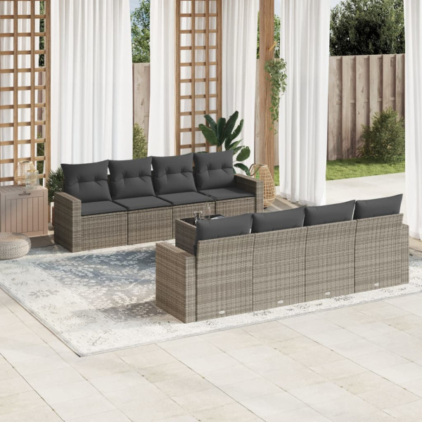 Set de muebles de jardín 9 pzas y cojines ratán sintético gris D