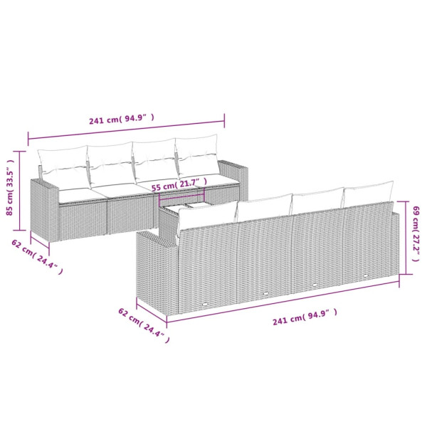 Set de muebles de jardín 9 pzas y cojines ratán sintético gris M 3
