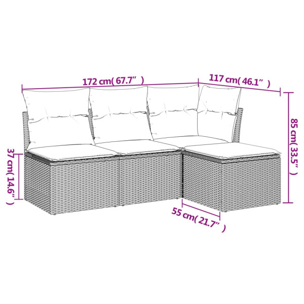 4 pcs conjunto sofás de jardim c/ almofadões vime PE cinzento M 3