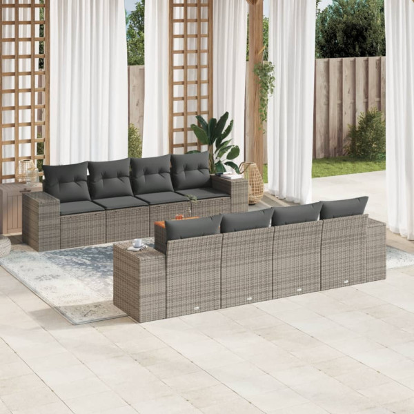 9 pcs conjunto sofás p/ jardim com almofadões vime PE cinzento D