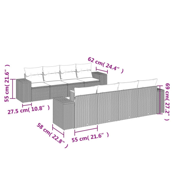 Set de muebles de jardín 9 pzas y cojines ratán sintético gris M 3